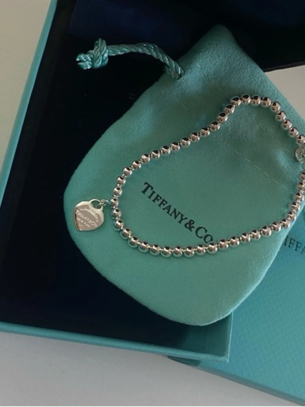 Tiffany & Co. Silver Bead Bracelet with Turquoise Heart Charm